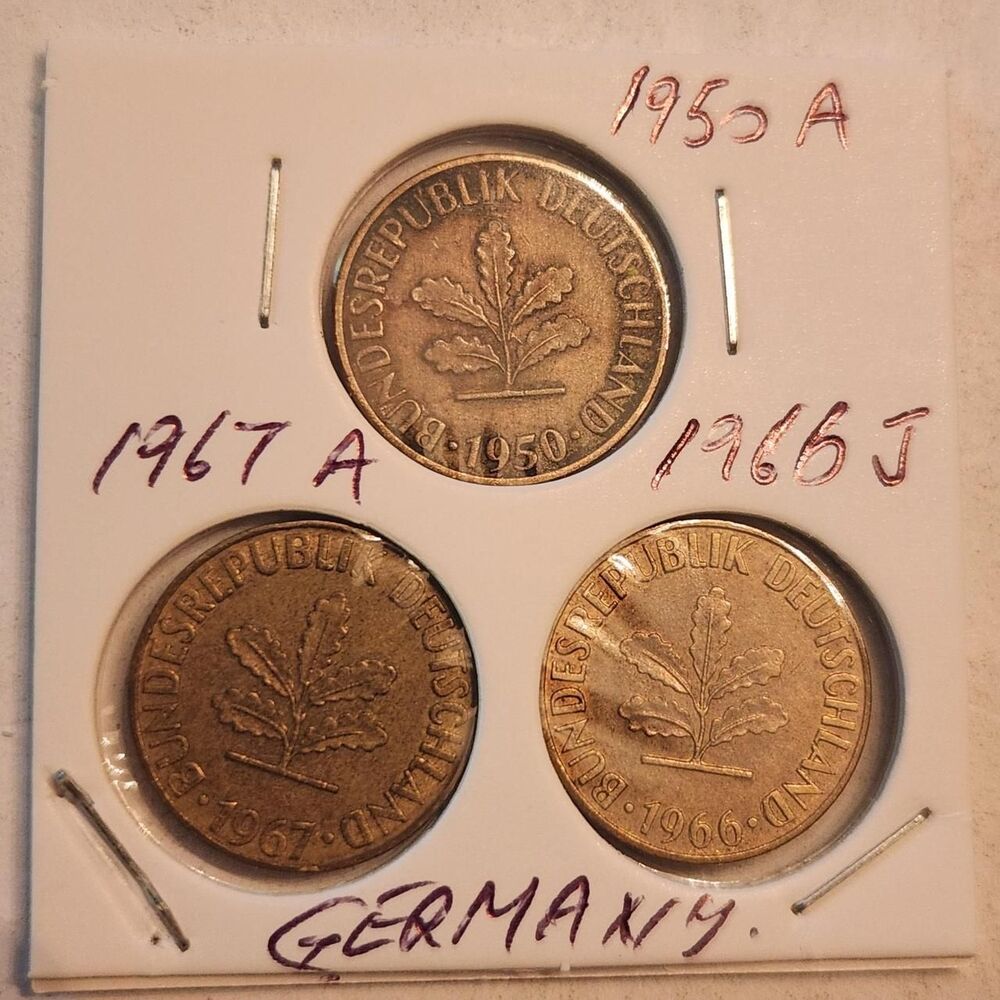 LOT OF THREE
German 5 pfennig coins.
- 1950 A....